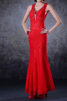 Lace V-neck Floor Length Mermaid Dress with Crystal