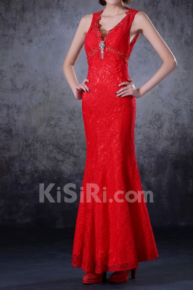 Lace V-neck Floor Length Mermaid Dress with Crystal