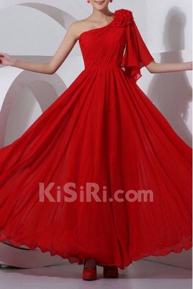 Chiffon One Shoulder Floor Length Column Dress with Handmade Flowers