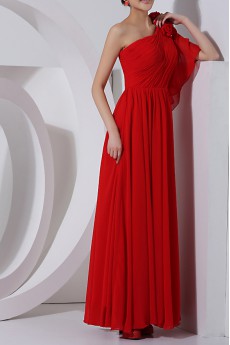 Chiffon One Shoulder Floor Length Column Dress with Handmade Flowers