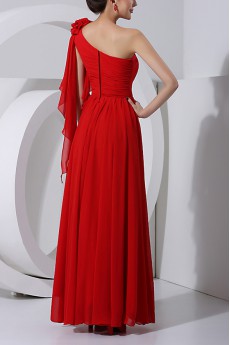 Chiffon One Shoulder Floor Length Column Dress with Handmade Flowers