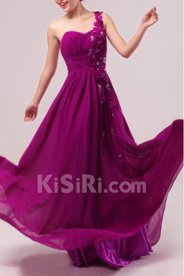 Chiffon One Shoulder Floor Length Empire Dress with Handmade Flowers