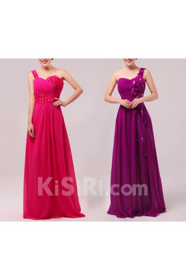 Chiffon One Shoulder Floor Length Empire Dress with Handmade Flowers