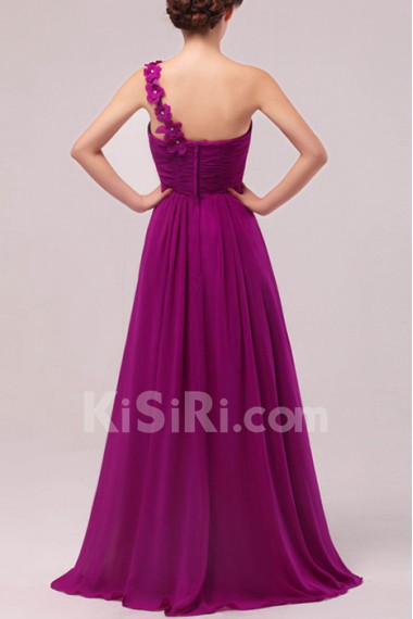 Chiffon One Shoulder Floor Length Empire Dress with Handmade Flowers