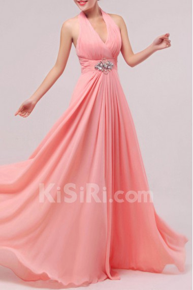 Chiffon Halter Floor Length Empire Dress with Crystal