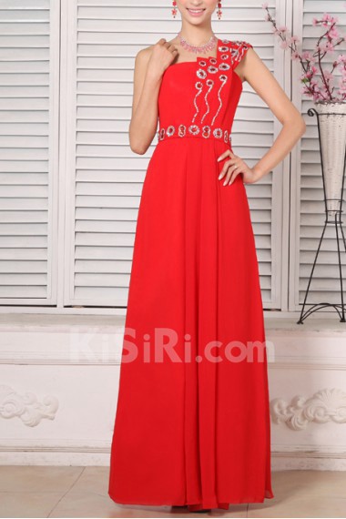 Chiffon One Shoulder Floor Length A-line Dress with Crystal