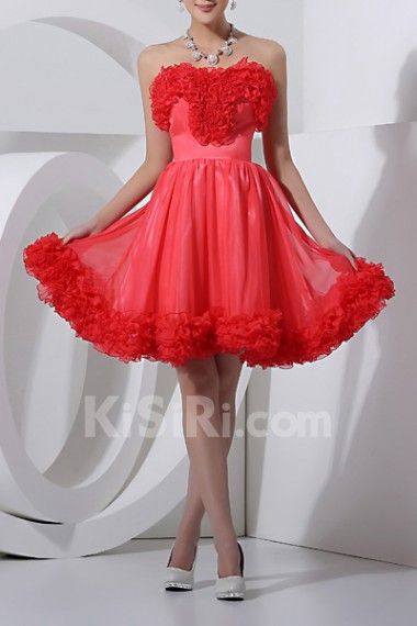 Satin Scoop Neckline Short Dress with Handmade Flowers