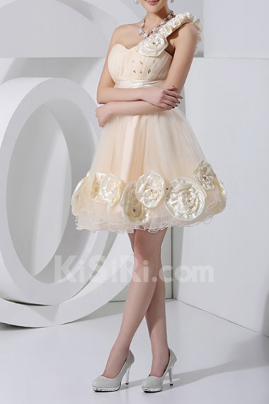 Tulle One Shoulder Short Dress with Handmade Flowers