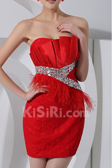 Satin and Lace Strapless Short Dress with Crystal