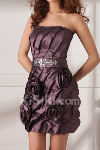 Taffeta Strapless Short Dress with Handmade Flowers