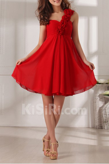 Chiffon One Shoulder Short Dress with Handmade Flowers