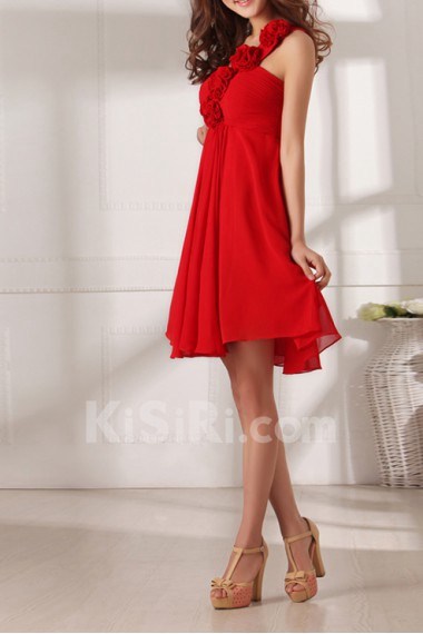 Chiffon One Shoulder Short Dress with Handmade Flowers