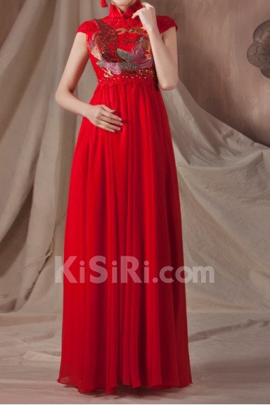 Satin High Collar Neckline Floor Length Empire Dress with Embroidered