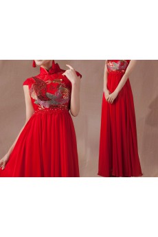 Satin High Collar Neckline Floor Length Empire Dress with Embroidered