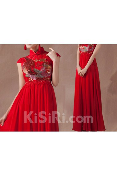 Satin High Collar Neckline Floor Length Empire Dress with Embroidered