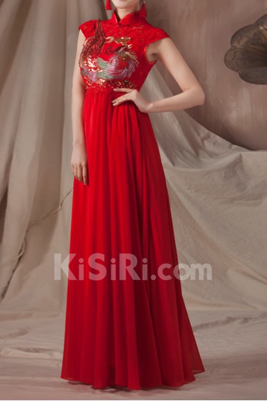 Satin High Collar Neckline Floor Length Empire Dress with Embroidered