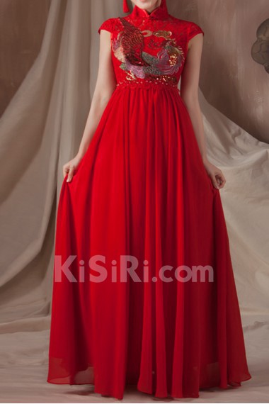 Satin High Collar Neckline Floor Length Empire Dress with Embroidered