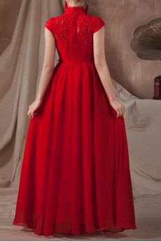 Satin High Collar Neckline Floor Length Empire Dress with Embroidered