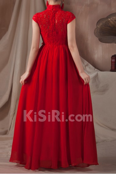 Satin High Collar Neckline Floor Length Empire Dress with Embroidered