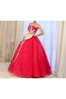 Tulle Strapless Floor Length Ball Gown Dress with Handmade Flowers