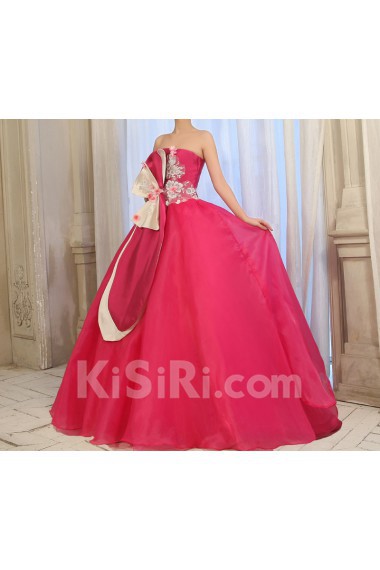 Tulle Strapless Floor Length Ball Gown Dress with Handmade Flowers