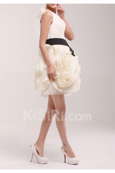 Organza One Shoulder Short Dress with Handmade Flowers