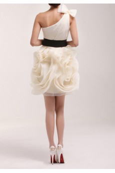 Organza One Shoulder Short Dress with Handmade Flowers