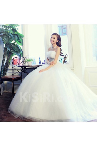 Satin,Tulle Strapless A-line Dress with Diamond