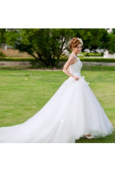 Satin,Tulle Strapless A-line Dress with Handmade Flowers