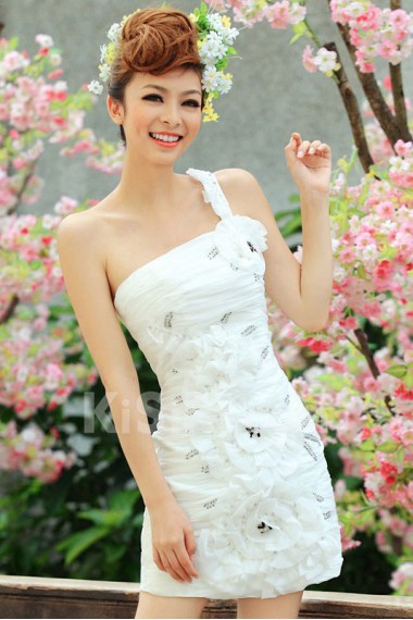 Satin One-shoulder Dress with Handmade Flowers