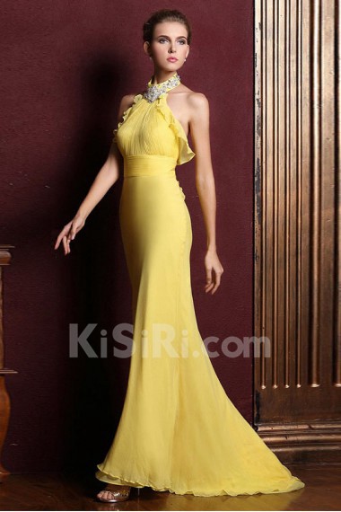 Satin High-Neck Dress with Diamond