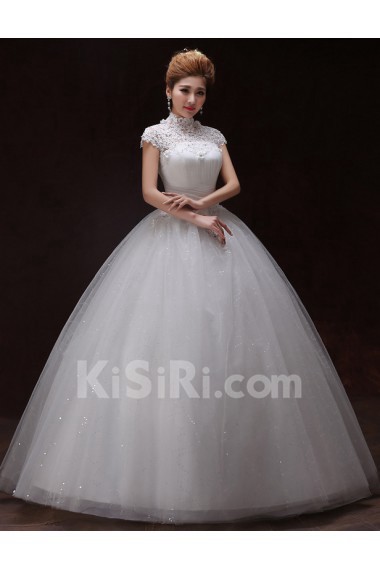 Tulle and Lace High-Neck Ball Gown Dress with handmade Flowers