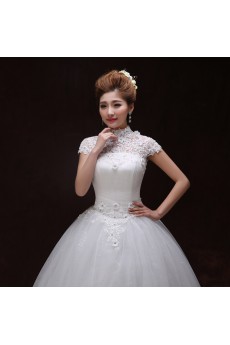 Tulle and Lace High-Neck Ball Gown Dress with handmade Flowers