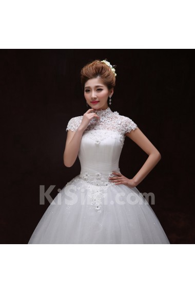 Tulle and Lace High-Neck Ball Gown Dress with handmade Flowers