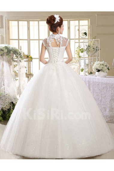 Lace and Tulle High-Neck Ball Gown Dress with Embroidery