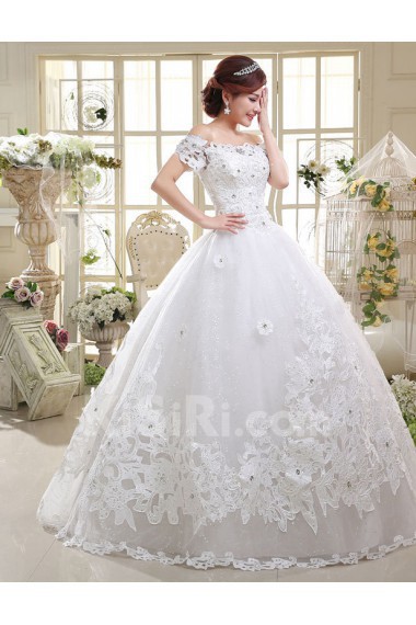 Tulle Off-the-Shoulder Ball Gown Dress with Beading and Sequin