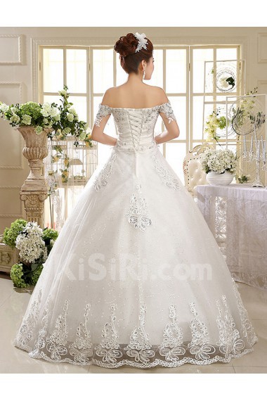 Lace Off-the-Shoulder Ball Gown Dress with Beading and Bead and Sequin