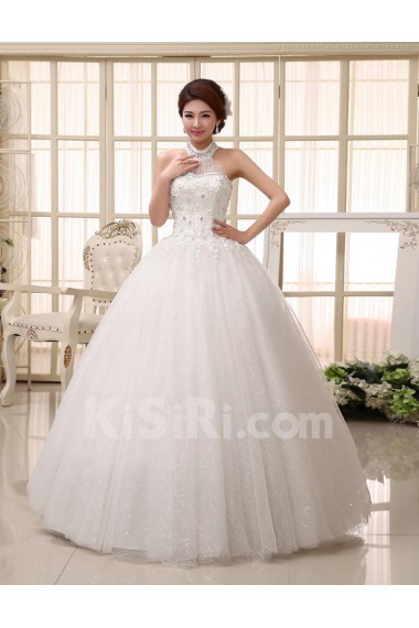 Lace High-Neck Ball Gown Dress with Bead and Beading