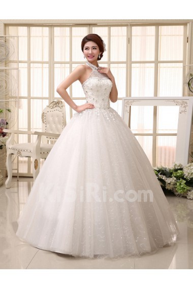 Lace High-Neck Ball Gown Dress with Bead and Beading