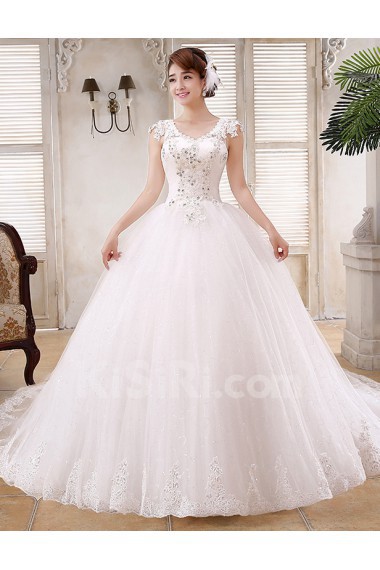 Lace and Tulle V-Neck Ball Gown Dress with Beading