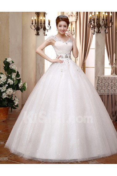 Lace and Tulle V-Neck Ball Gown Dress with Beading and Sequin