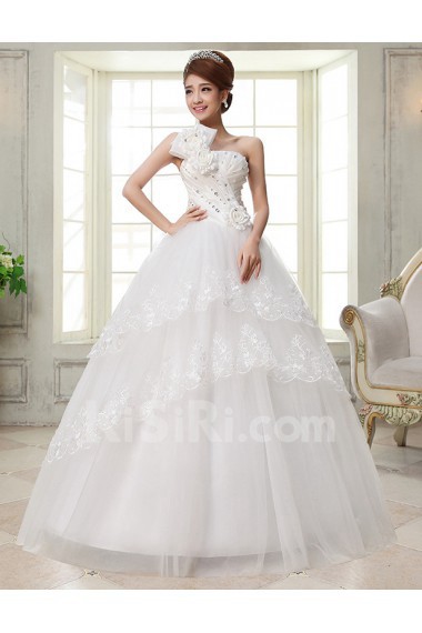 Lace and Tulle One-shoulder Ball Gown Dress with handmade Flower