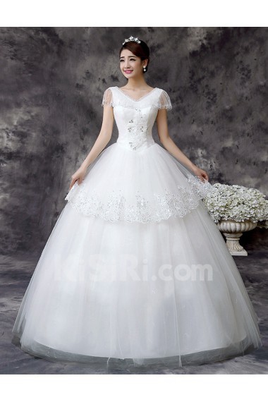 Lace and Tulle V-Neck Ball Gown Dress with Sequin and Embroidery