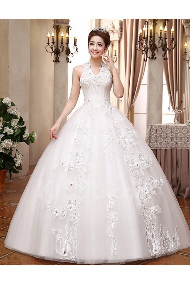 Lace and Tulle Halter Ball Gown Dress with Bead and Beading