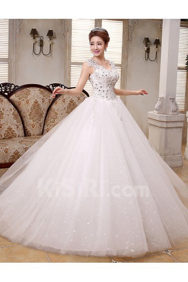 Lace and Tulle V-Neck Ball Gown Dress with Beading