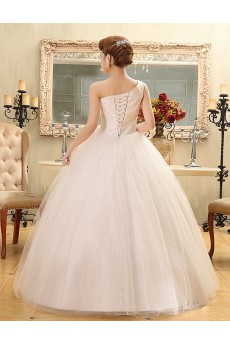 Lace and Tulle One-shoulder Ball Gown Dress with Beading