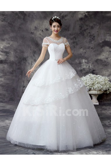 Lace and Tulle Scoop Ball Gown Dress with Beading