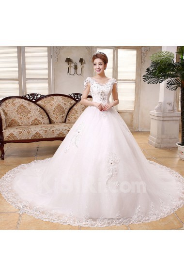 Lace and Tulle V-Neck Ball Gown Dress with Beading