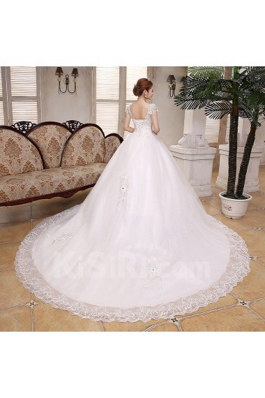 Lace and Tulle V-Neck Ball Gown Dress with Beading