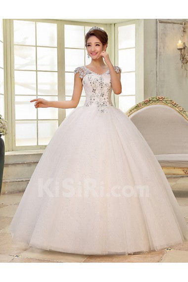 Lace and Tulle V-Neck Ball Gown Dress with Beading